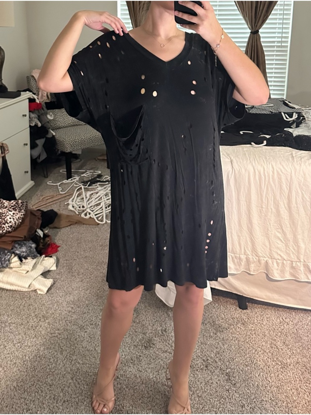 PPLA Black Distressed V-Neck Short Sleeve Dress